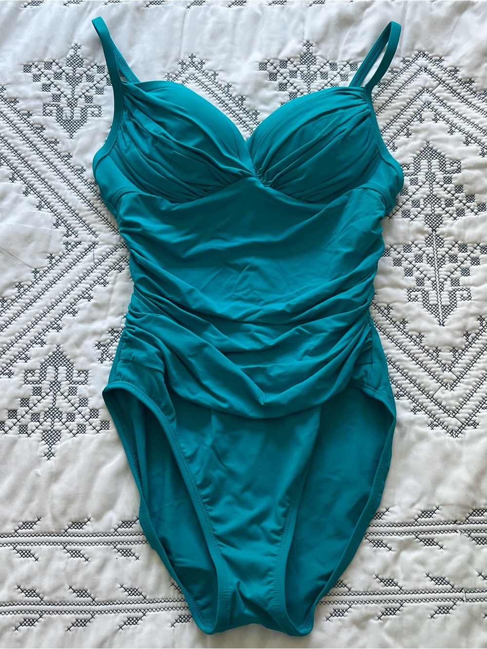 Boston Proper Swim Sense Twist-Front Ruched One-Piece Swimsuit Teal Blue Size 6